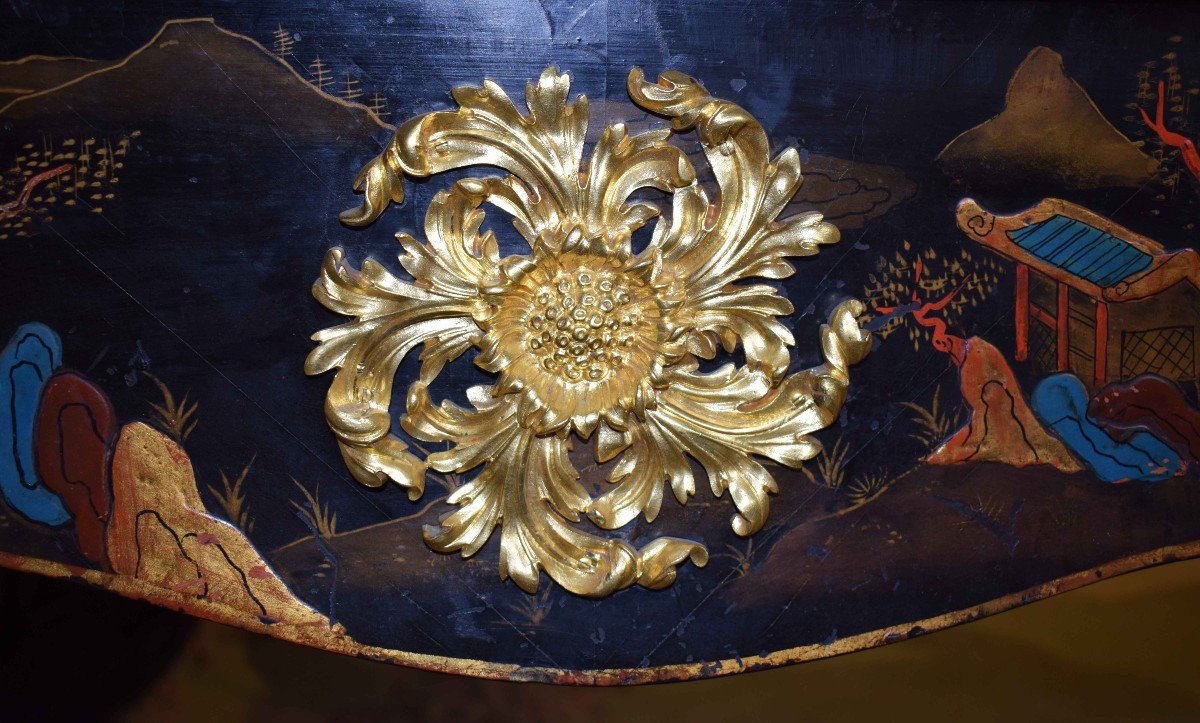 France, 19th Century, 1870 Bureau-plat - Desk Chinoiserie Lacquered Wood, Polychrome -photo-1