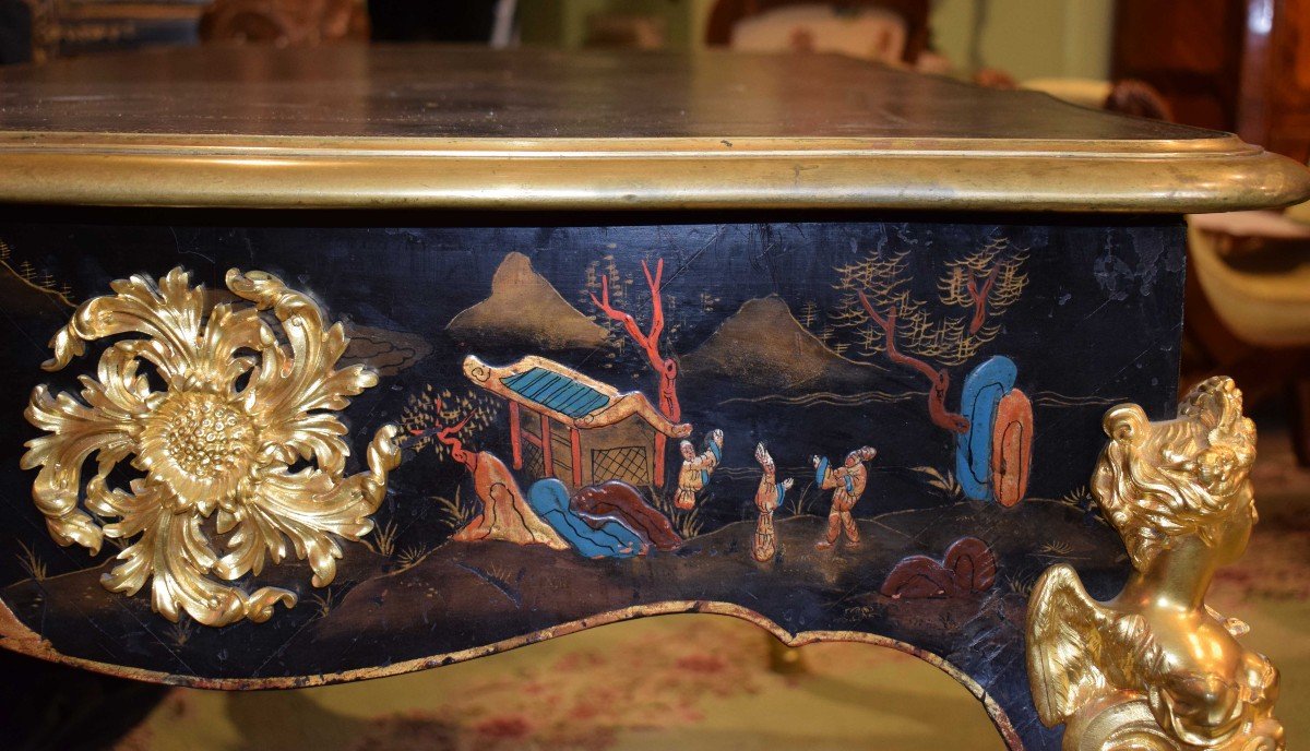 France, 19th Century, 1870 Bureau-plat - Desk Chinoiserie Lacquered Wood, Polychrome -photo-2