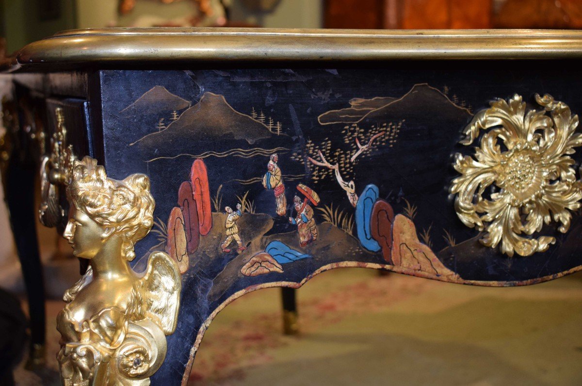 France, 19th Century, 1870 Bureau-plat - Desk Chinoiserie Lacquered Wood, Polychrome -photo-3