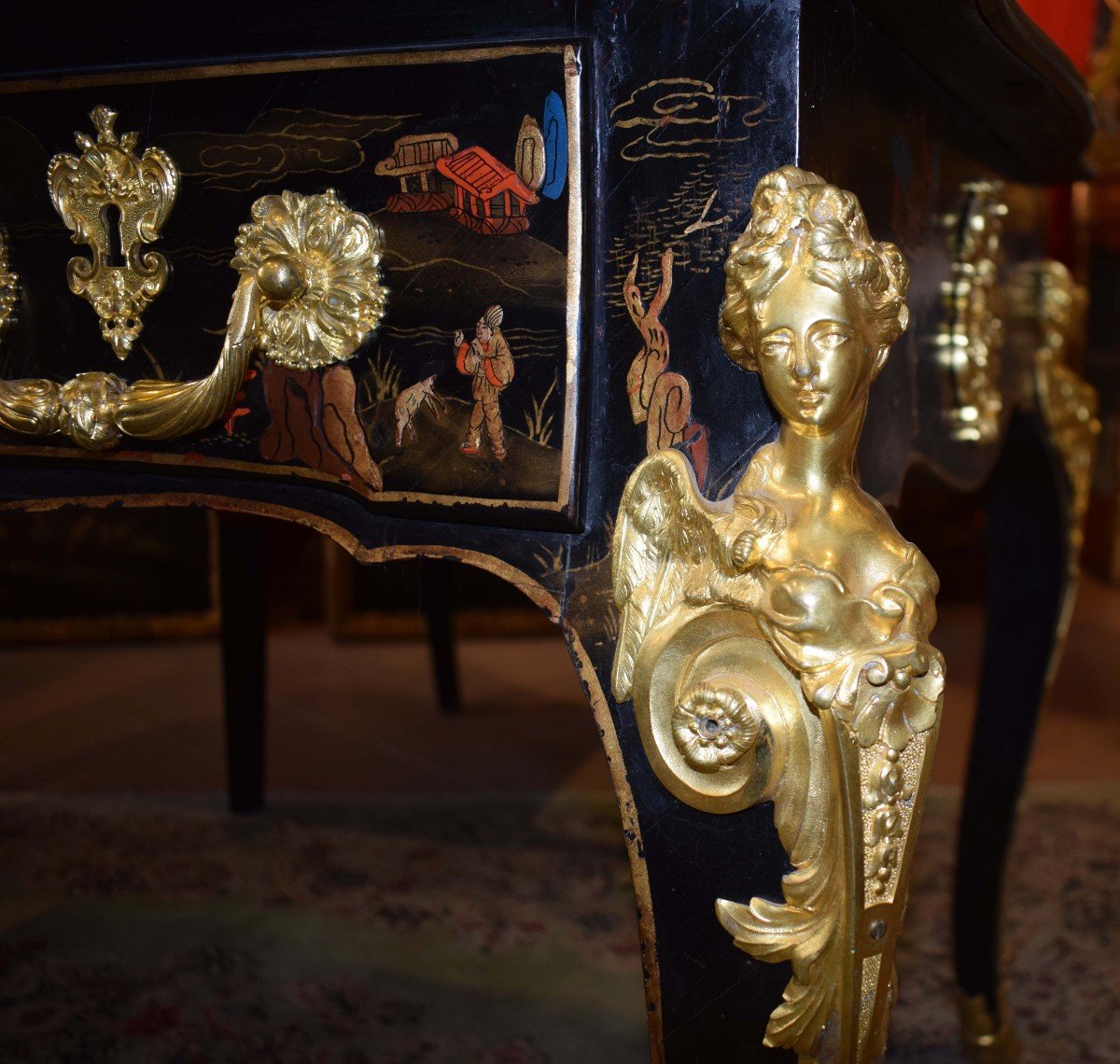 France, 19th Century, 1870 Bureau-plat - Desk Chinoiserie Lacquered Wood, Polychrome -photo-4