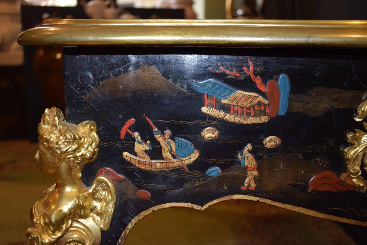 France, 19th Century, 1870 Bureau-plat - Desk Chinoiserie Lacquered Wood, Polychrome -photo-5