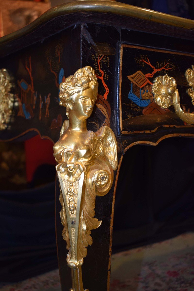 France, 19th Century, 1870 Bureau-plat - Desk Chinoiserie Lacquered Wood, Polychrome -photo-8