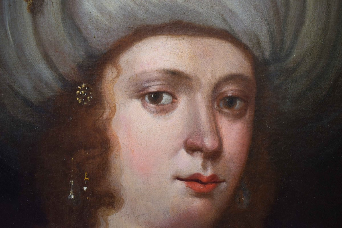 Lorenzo Greuter (Rome, 1620 – 1668) Portrait d'Une Dame En Robe Orientale Huile Sur Toile-photo-3