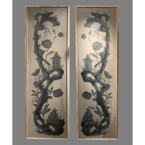 Huile Sur Panneaux De Toile Représentant Des Chinoiseries