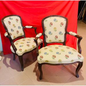 Pair Of Louis XV Walnut Armchairs From Lombardy, Already Restored