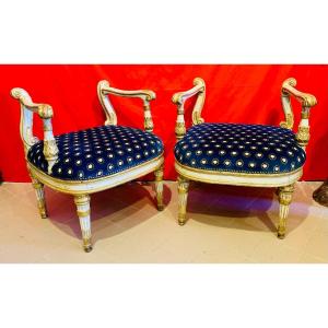 Pair Of Louis XVI Benches In Lacquer And Palace Gold