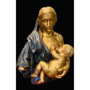 Beautiful Madonna With Child Louis XIV In Painted And Gilded Terracotta