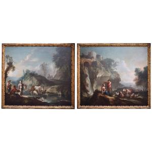 Francesco Antoniani (1700/1710 – 775) Scènes Pastorales Huile Sur Toile,