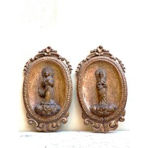 Pair Of Ancient Wooden Sculptures Of Saints