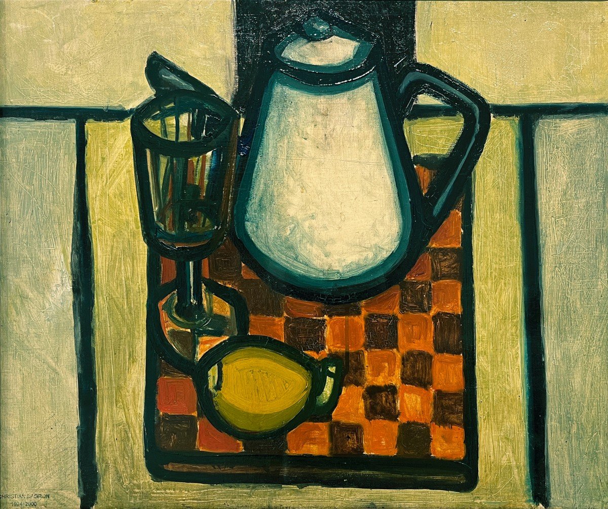 Christian Dagron (1924-2000) Nature Morte Avec Verre, Citronne Et Une Cafetière-photo-3