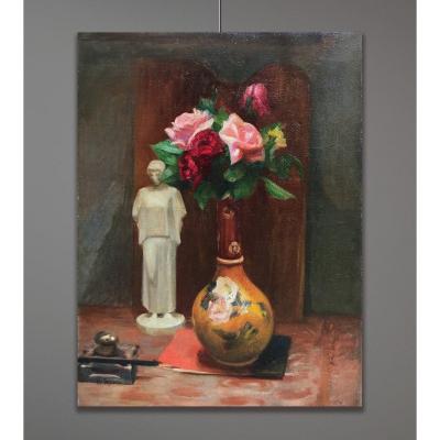 Charles Eugène Descoust (1882-1974) Composition With Flowerpot And Statuette