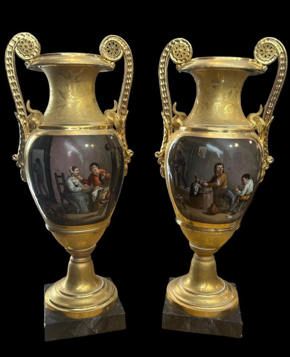Pair Of Empire Amphorae, In Gilded Porcelain Painted With Neoclassical Scenes, France 19th Cent-photo-2