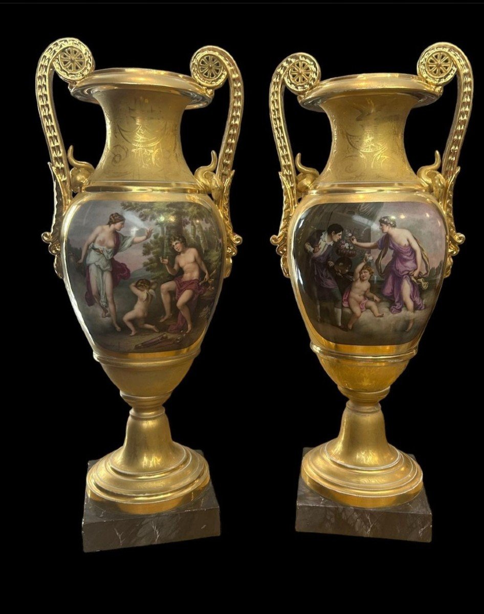 Pair Of Empire Amphorae, In Gilded Porcelain Painted With Neoclassical Scenes, France 19th Cent