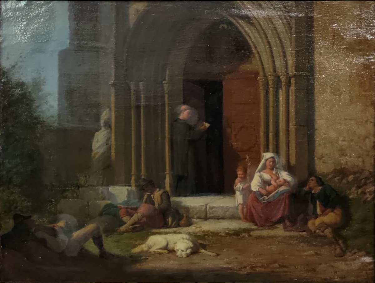 Roman School Painting From The 19th Century, Genre Scene, Romantic In Taste.  Golden Wood Frame