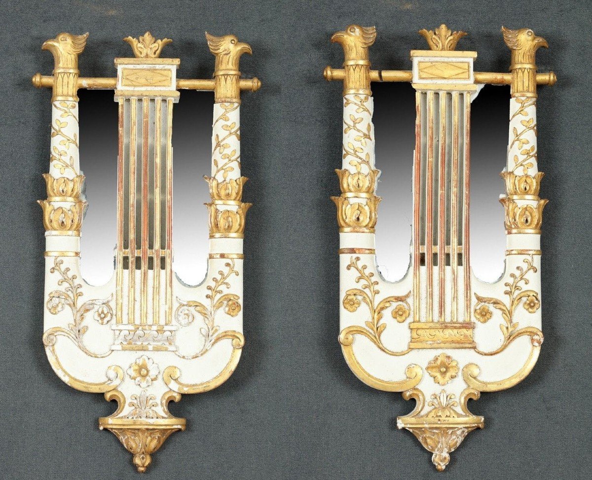 Pair Of Lyre-shaped Mirrors With Decorations Of Golden Racemes And Flowers And Eagle Heads