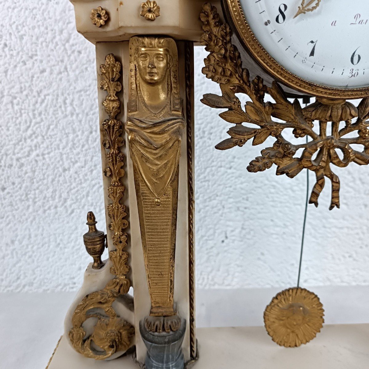 White Gilt Marble Portico Clock, With Griffin, Enamelled Dial With Arabic Numerals, Early 19th -photo-2