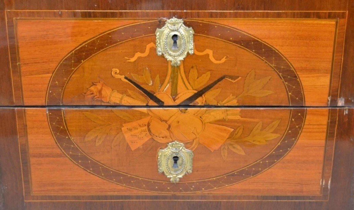 Inlay Chest Of Drawers,with Cups Of Musical Instruments,three Drawers,with Gilded Bronzes. 18th-photo-1