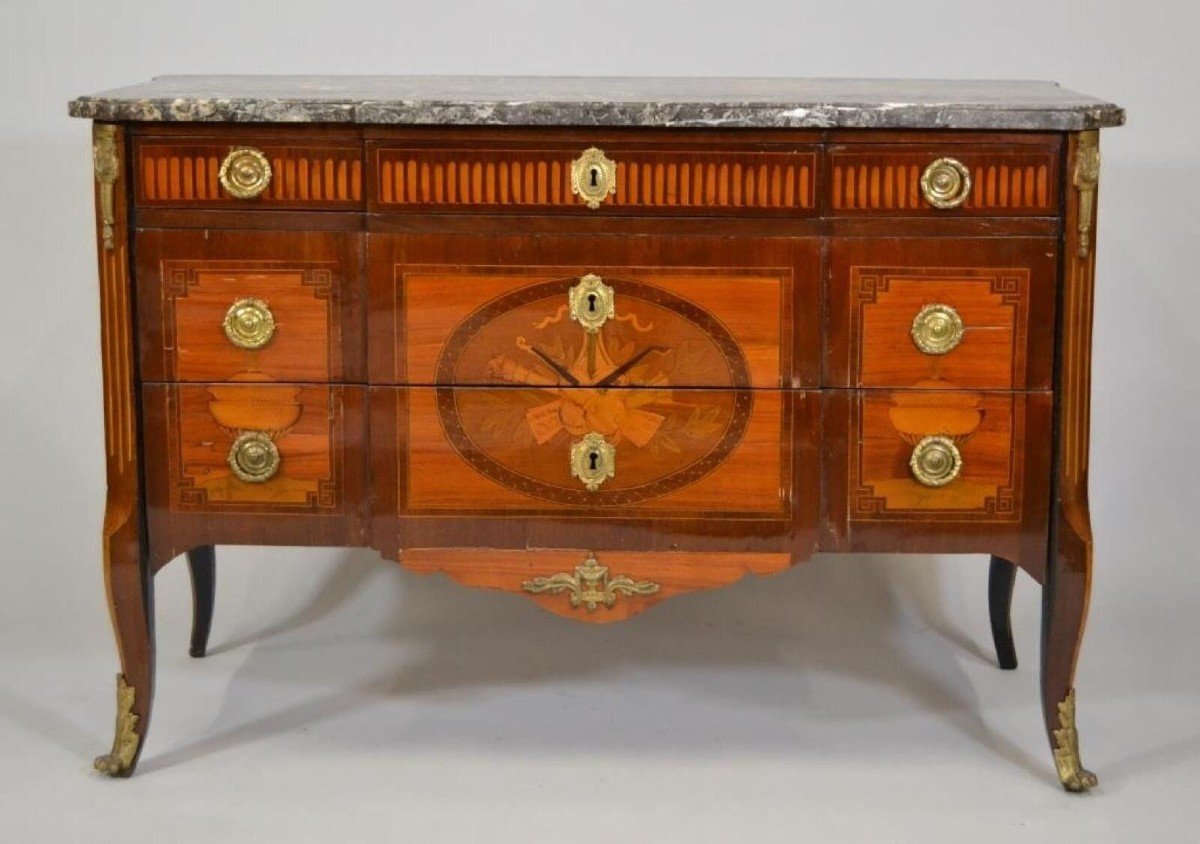 Inlay Chest Of Drawers,with Cups Of Musical Instruments,three Drawers,with Gilded Bronzes. 18th