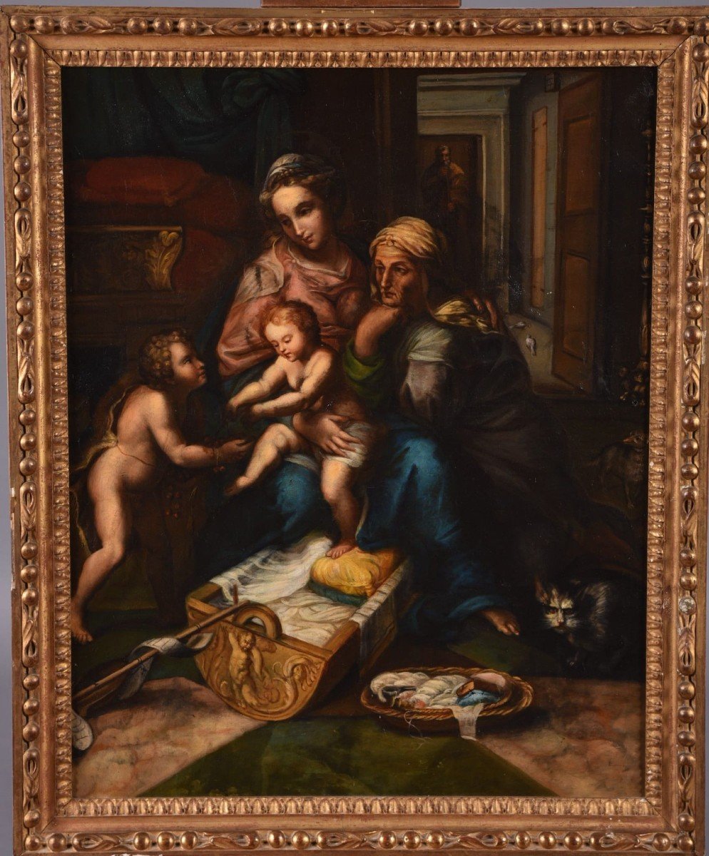  "la Sainte Famille",huile Sur Toile Représentant Marie,Elisabeth,Jésus Et Jean-baptiste, XVIII