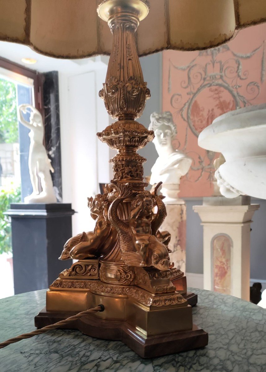 Lampe Napoléon III, En Bronze, 19ème Siècle, à Décor De Motifs Marins