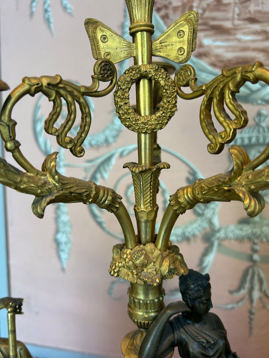 Pair Of Charles X Candlesticks  In Gilded Bronze With Bronze Figures In Dark Parina -photo-2