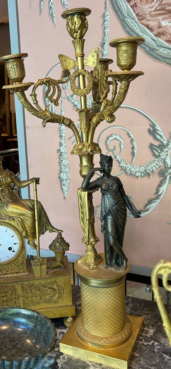 Pair Of Charles X Candlesticks  In Gilded Bronze With Bronze Figures In Dark Parina 