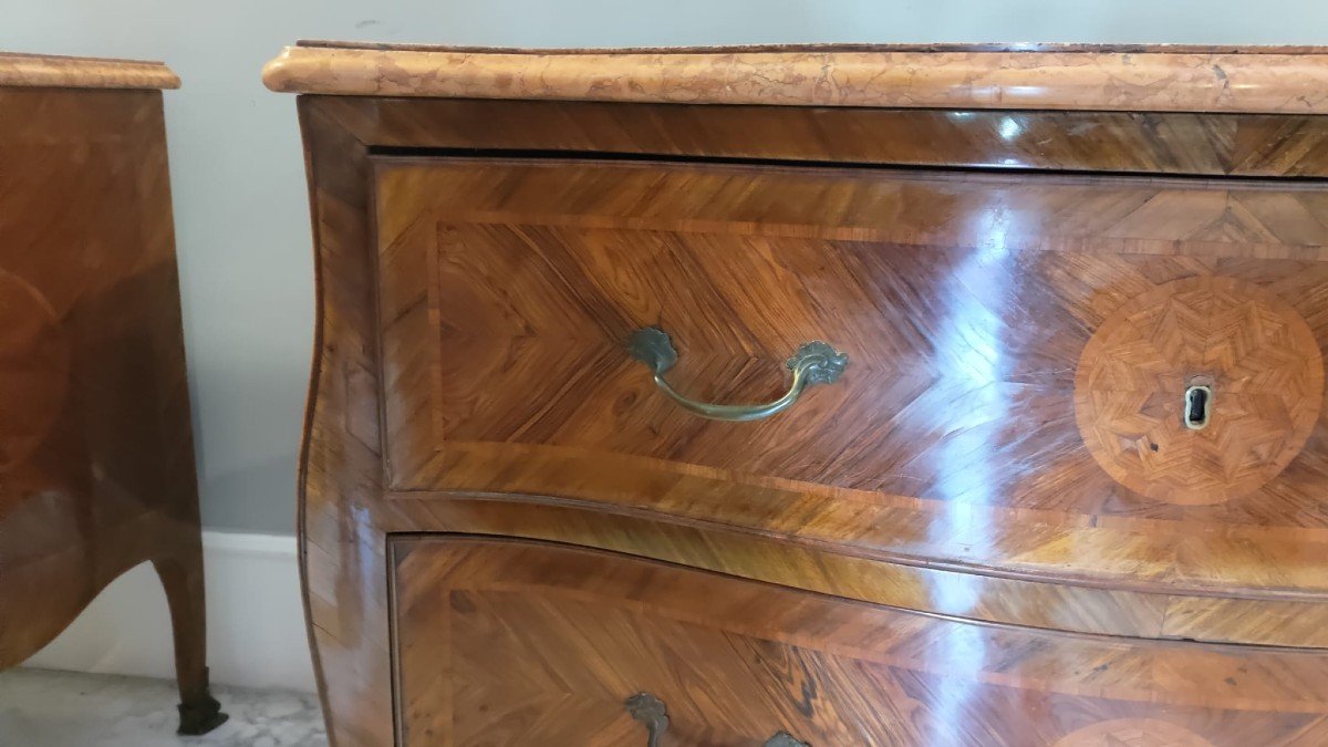 Pair Of Louis XV Dressers, Naples, With Red Marble Top, Bronze Handles And Shoes-photo-2