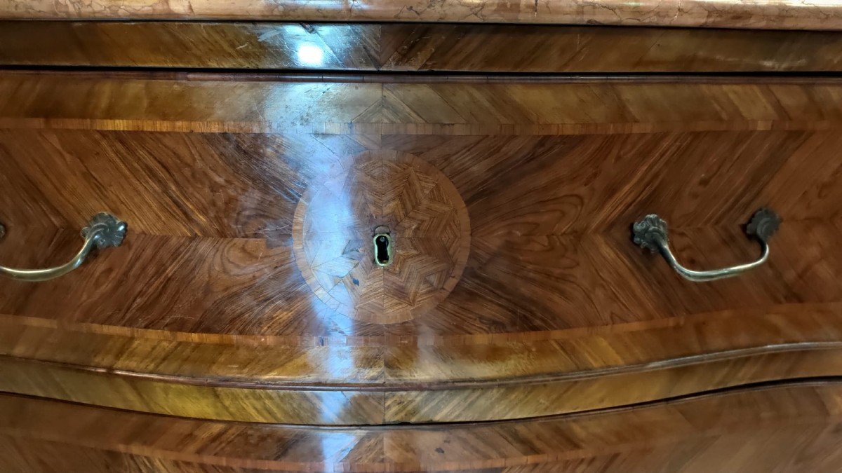 Pair Of Louis XV Dressers, Naples, With Red Marble Top, Bronze Handles And Shoes-photo-3