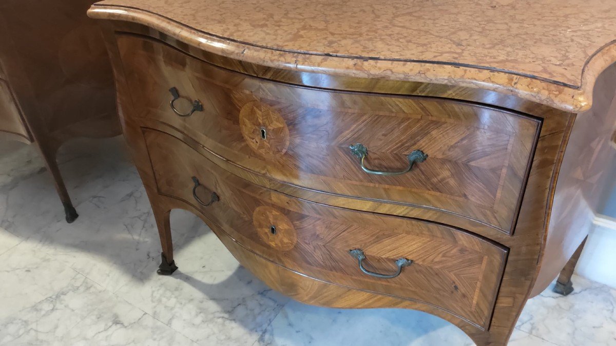 Pair Of Louis XV Dressers, Naples, With Red Marble Top, Bronze Handles And Shoes-photo-6