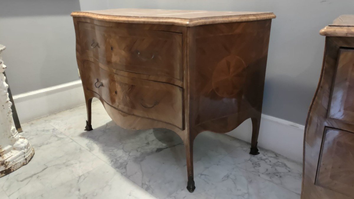 Pair Of Louis XV Dressers, Naples, With Red Marble Top, Bronze Handles And Shoes-photo-7