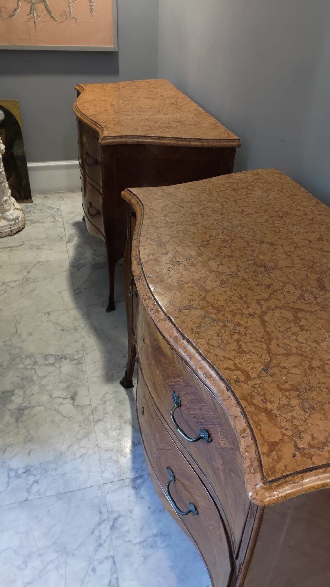 Pair Of Louis XV Dressers, Naples, With Red Marble Top, Bronze Handles And Shoes-photo-8