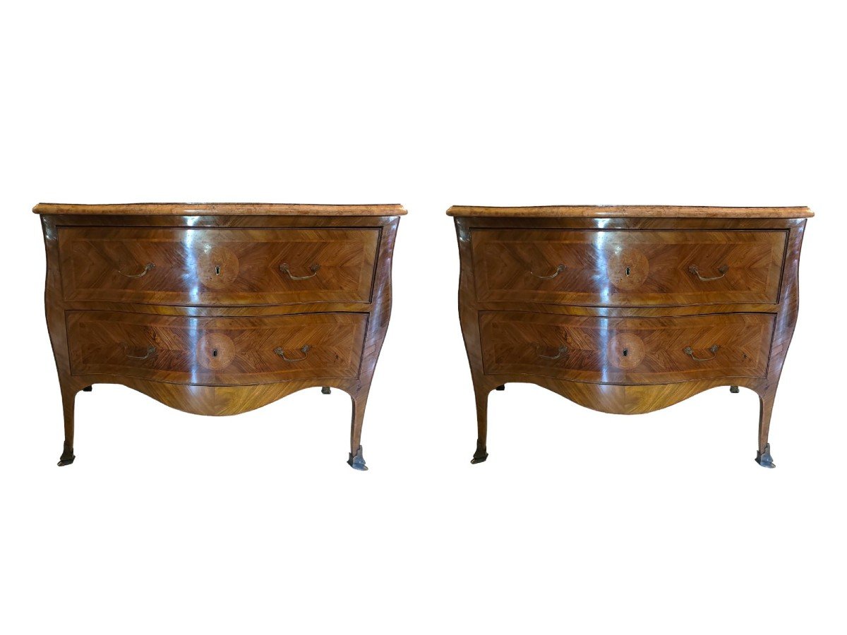 Pair Of Louis XV Dressers, Naples, With Red Marble Top, Bronze Handles And Shoes