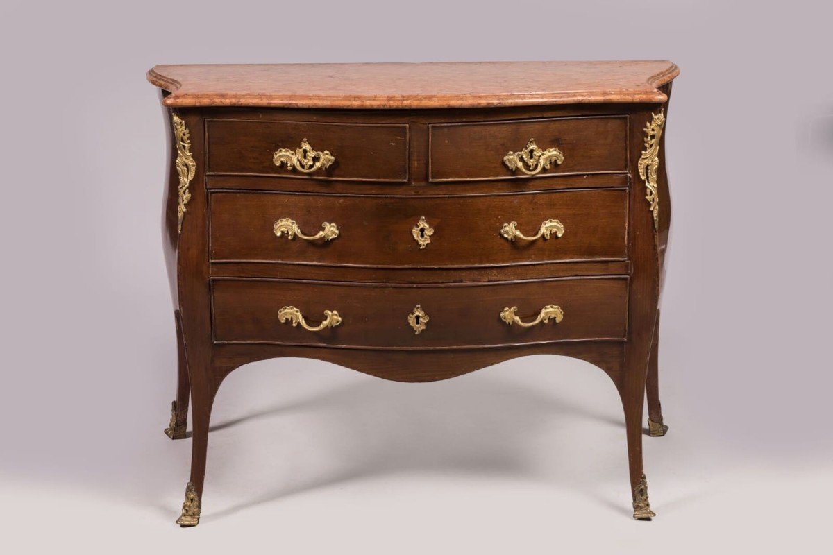 Chest Of Drawers In Mahogany, Top In Red Verona Marble. Gilt Bronze Finishes, Louis XV Naples-photo-1