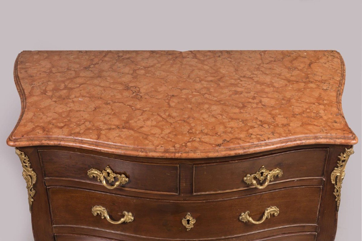 Chest Of Drawers In Mahogany, Top In Red Verona Marble. Gilt Bronze Finishes, Louis XV Naples-photo-2