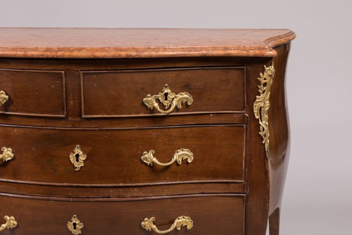 Chest Of Drawers In Mahogany, Top In Red Verona Marble. Gilt Bronze Finishes, Louis XV Naples-photo-3