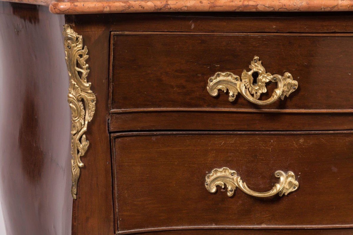 Chest Of Drawers In Mahogany, Top In Red Verona Marble. Gilt Bronze Finishes, Louis XV Naples-photo-4