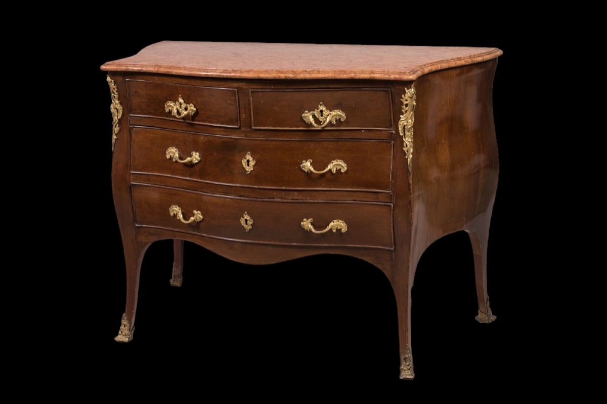 Chest Of Drawers In Mahogany, Top In Red Verona Marble. Gilt Bronze Finishes, Louis XV Naples