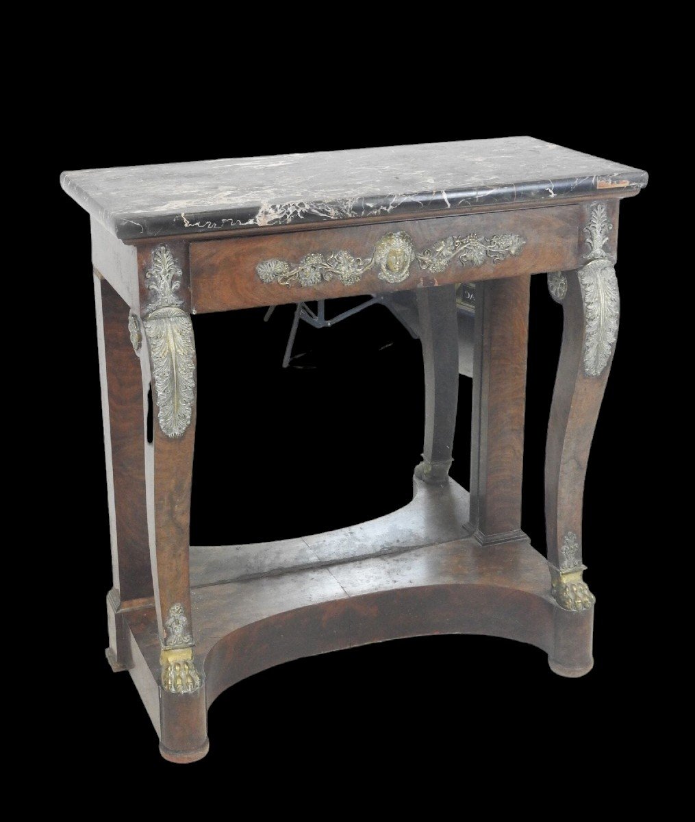 Console In Mahogany.  1800, Bronze Finishes And Marble Top