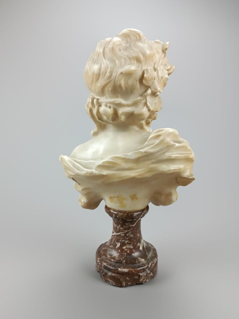 Alabaster Bust Portrait Of A Young Boy With Drapery And Cherries. Marble Pedestal-photo-3