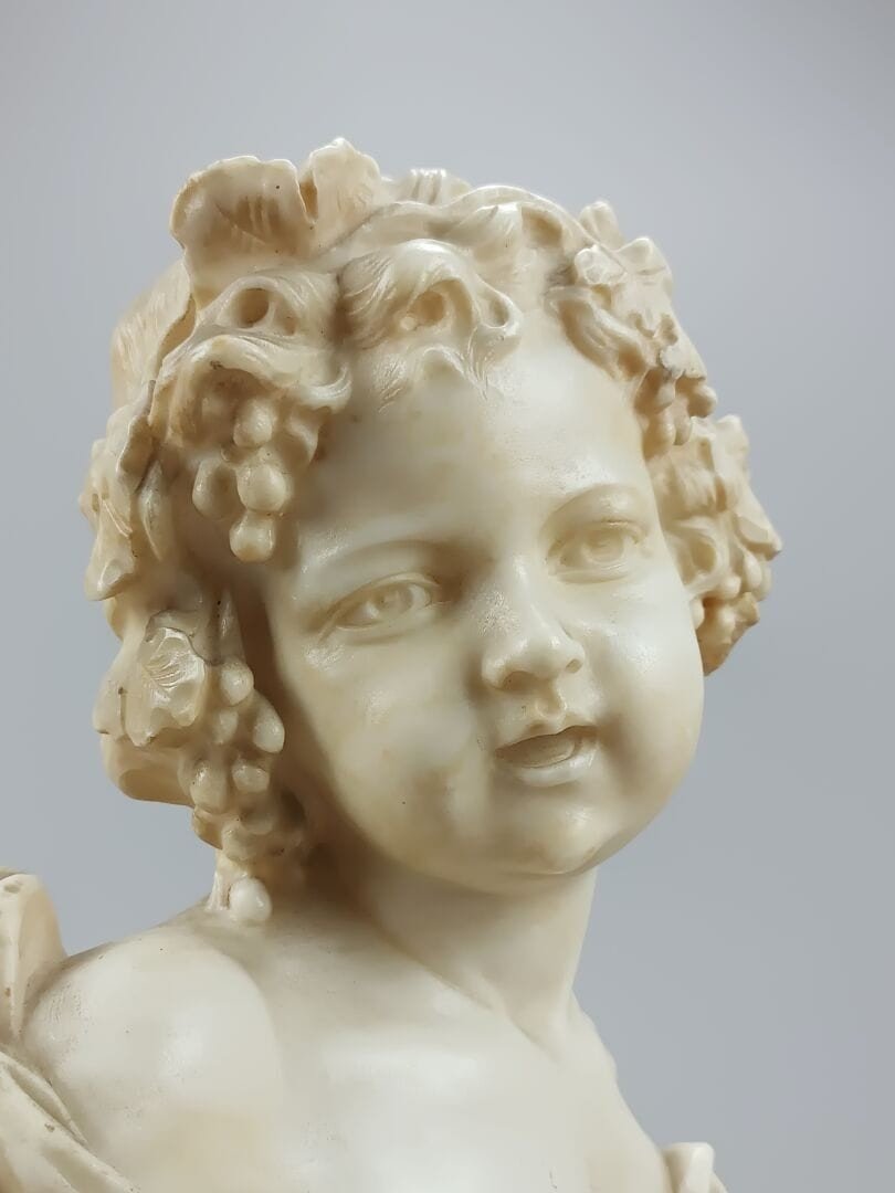 Alabaster Bust Portrait Of A Young Boy With Drapery And Cherries. Marble Pedestal-photo-6