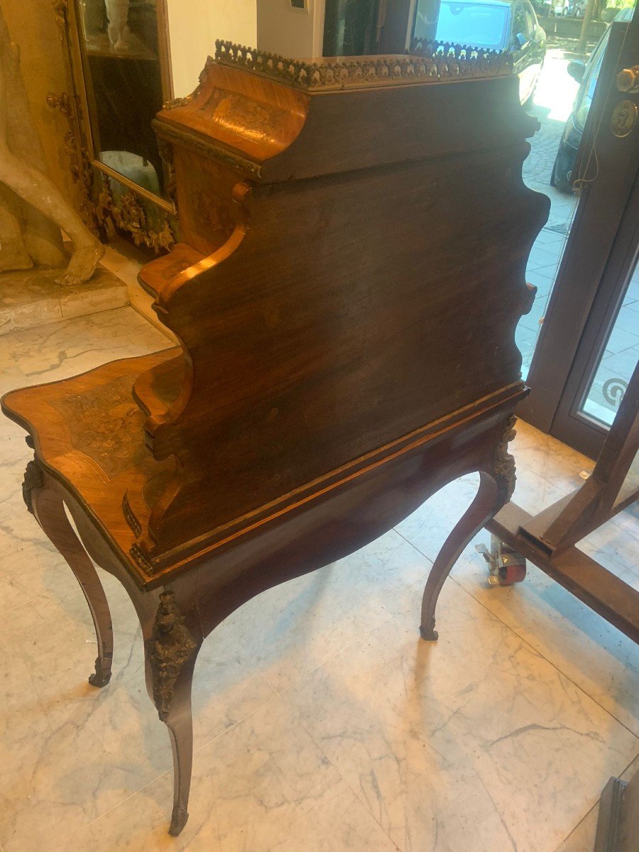 French 19th Century Desk, Napoleon III Style, Walnut And Briar, Floral Inlays, Bronze,-photo-3