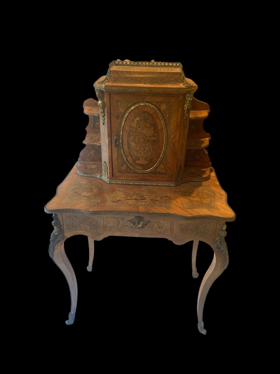 French 19th Century Desk, Napoleon III Style, Walnut And Briar, Floral Inlays, Bronze,