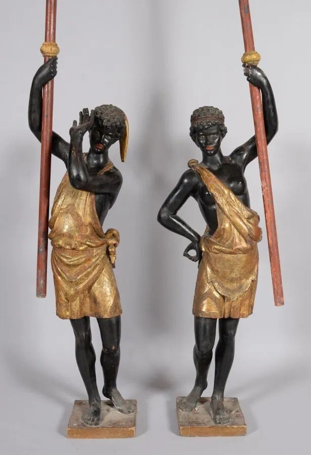 Pair Of Nubian Torch-bearers In Polychrome And Gilded Carved Wood, Venice, Early 18th Century-photo-2