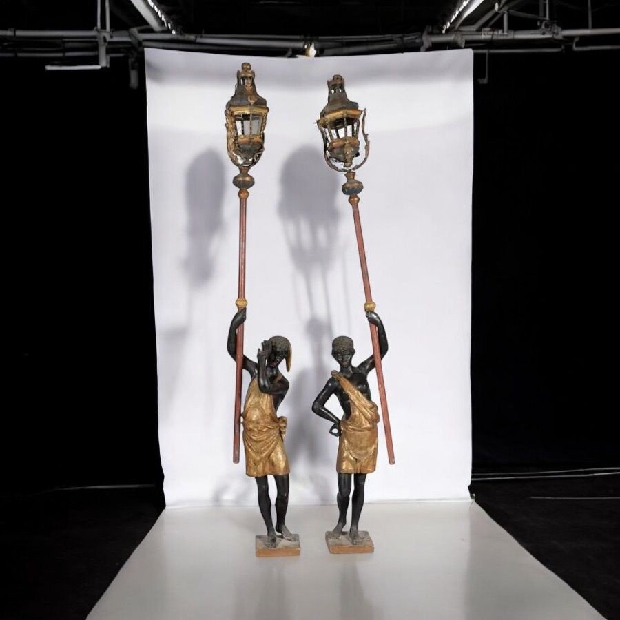 Pair Of Nubian Torch-bearers In Polychrome And Gilded Carved Wood, Venice, Early 18th Century-photo-2