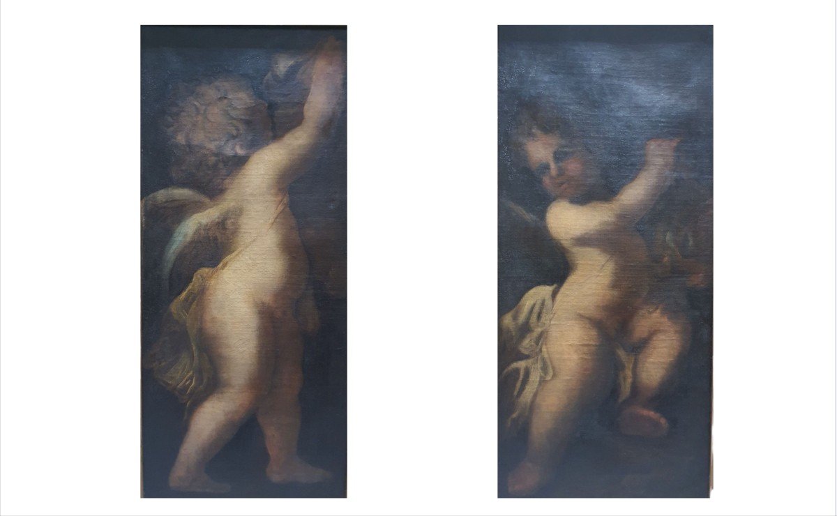 Italian School Circa 1700. Pair Of Oils On Canvas Depicting Angels, 85 X 38 Cm