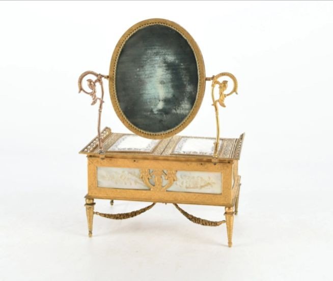 Jewelry Box Or Sewing Kit In Mother-of-pearl, Bronze And Finely Chiseled Brass, XIX Empire-photo-5