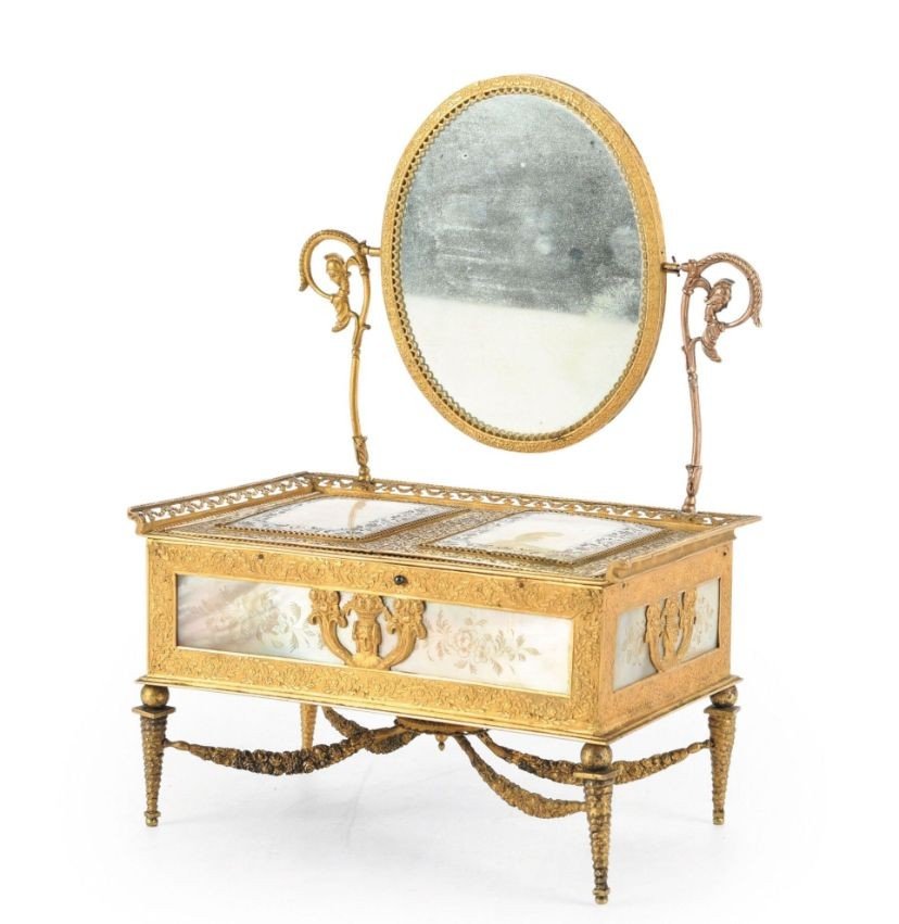 Jewelry Box Or Sewing Kit In Mother-of-pearl, Bronze And Finely Chiseled Brass, XIX Empire