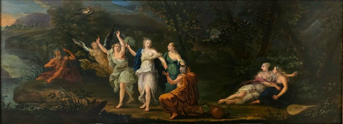 Oil On Panel Representing "the Metamorphosis Of Cornix". 18th Century-photo-2