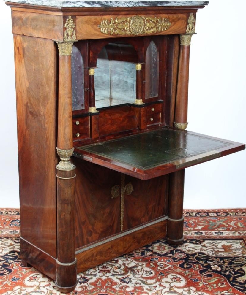 Mahogany Secretaire With Gilded Bronze Finish, Veined Grey Marble. Empire 19th Century.-photo-2