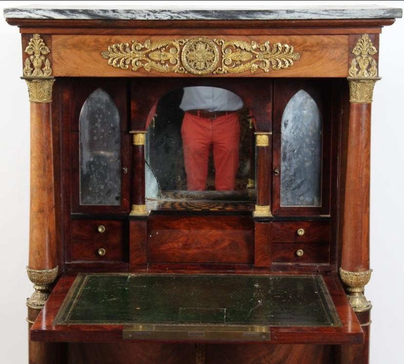 Mahogany Secretaire With Gilded Bronze Finish, Veined Grey Marble. Empire 19th Century.-photo-4